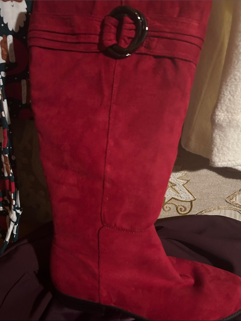 Red faux Suede  Boots with Decorative Buckle